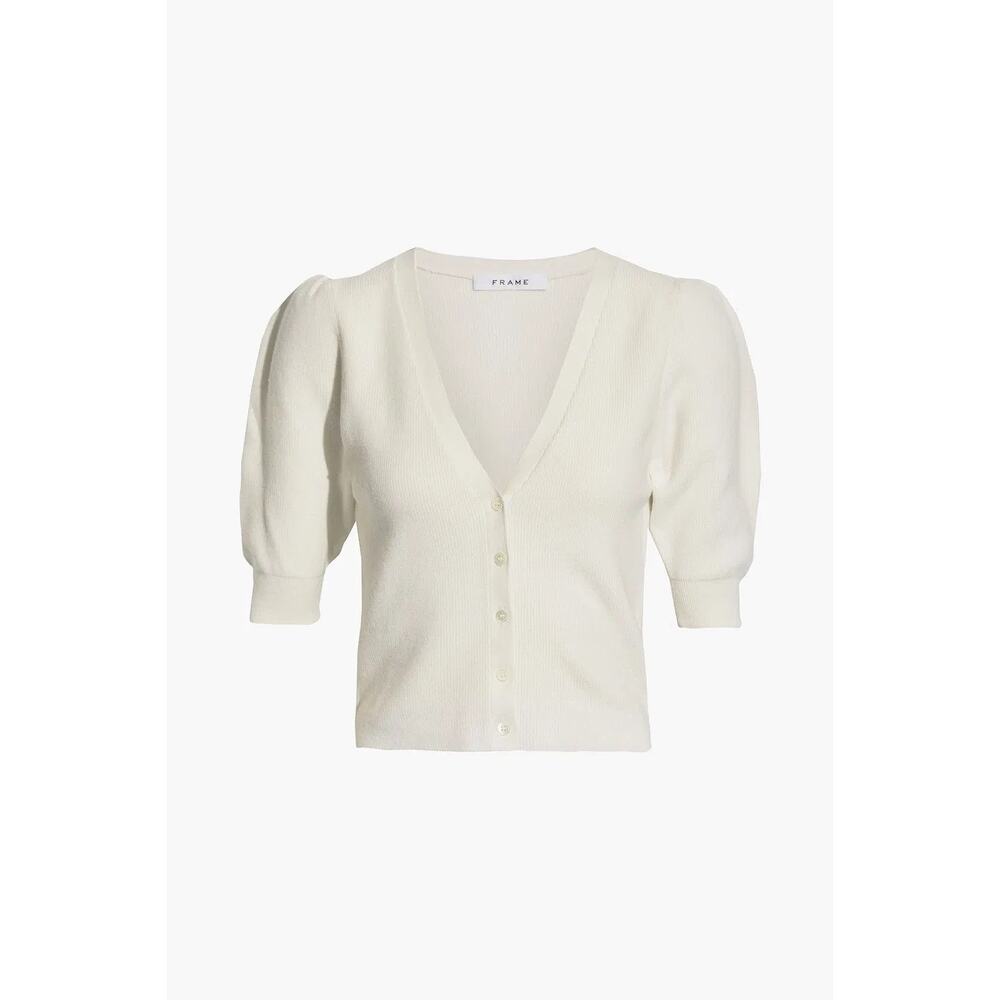 FLAWED FRAME Cropped White Ribbed Puff Sleeve Knit Cardigan Pullover- Size M - Picture 2 of 12